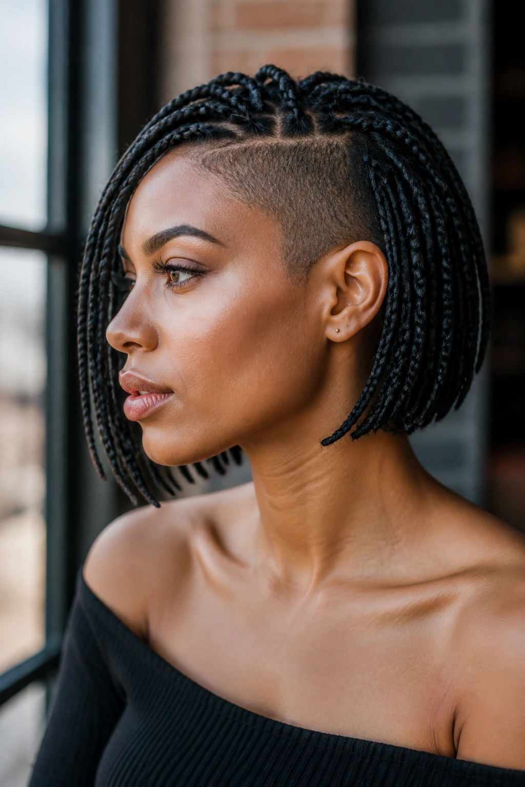 Bob-length braids with asymmetric shave on a real person