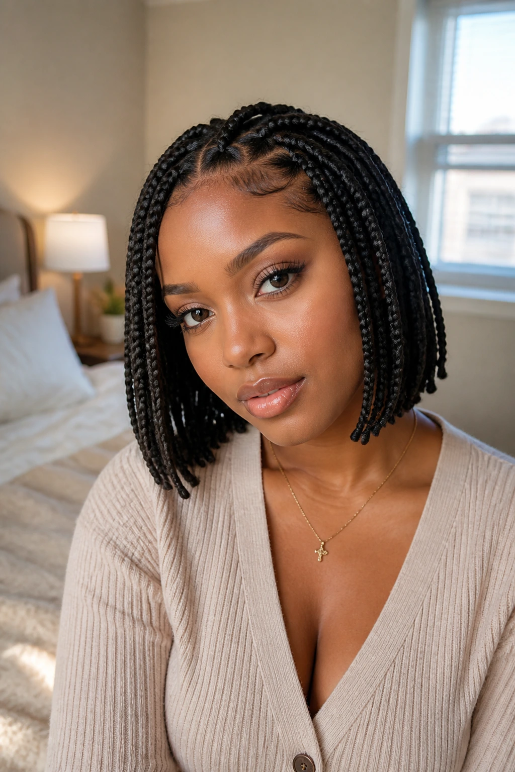 Close-up portrait of a real woman with bob-length braids in warm window light