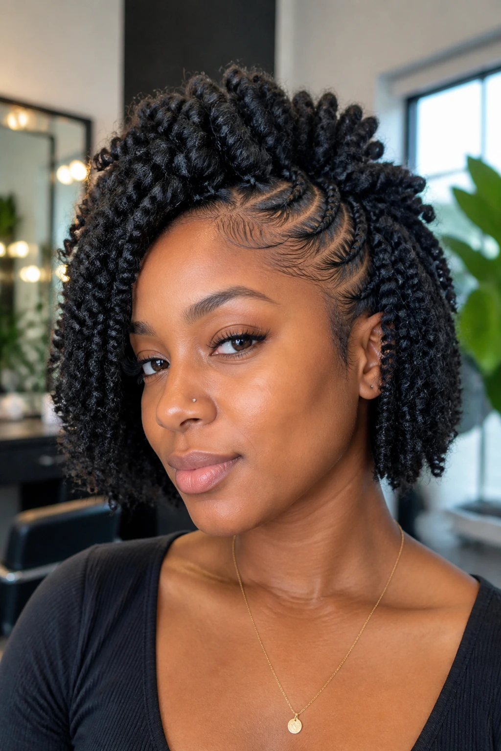 Close-up of bob-length crochet frohawk on a real woman
