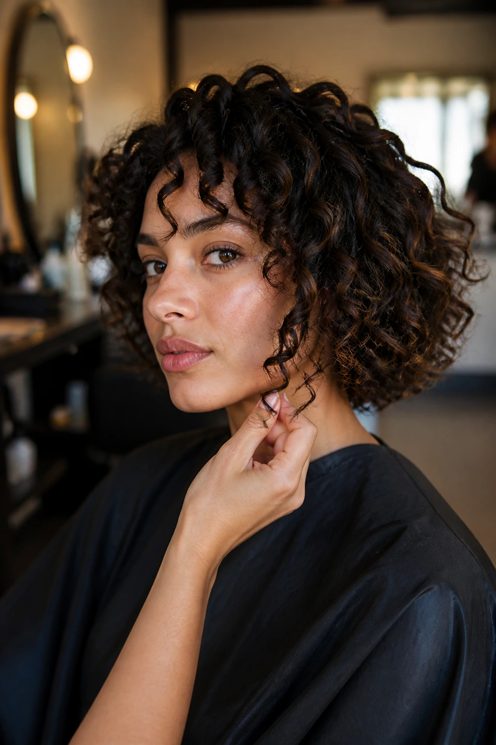 Close-up of a real woman in a salon chair showing jawline length for bob length decision