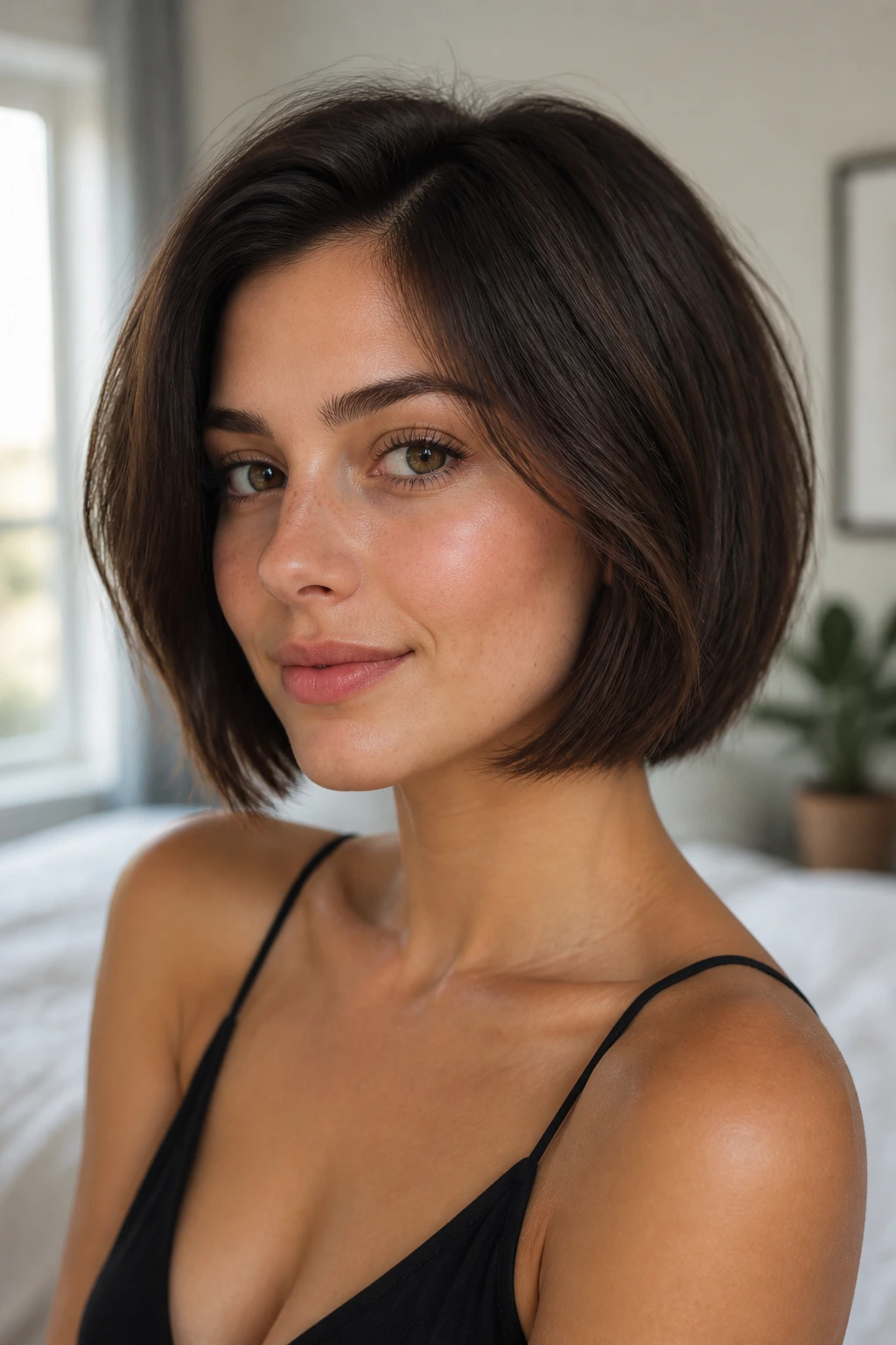 Close-up of a real woman with a jaw-length thick bob showing density and texture