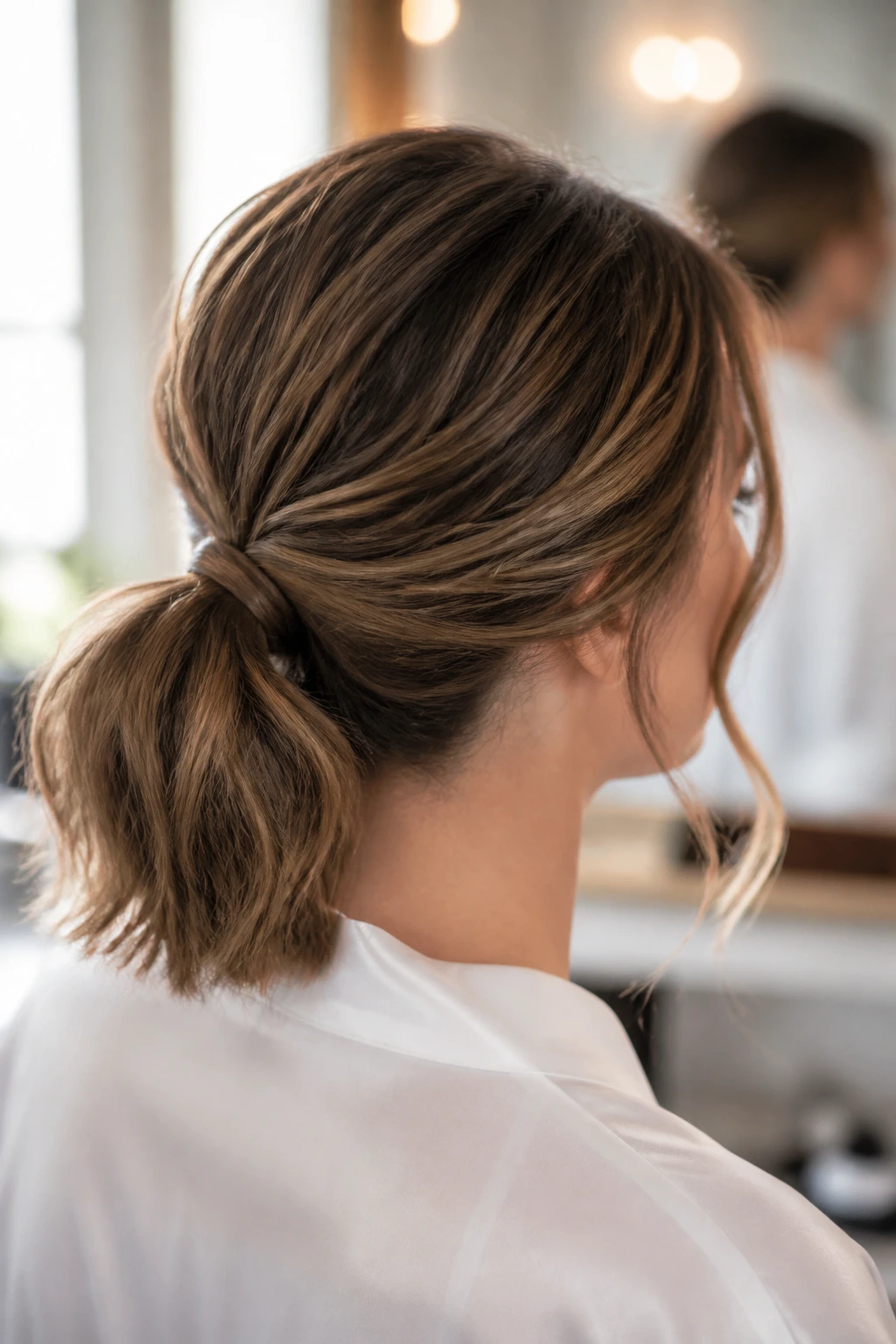 Back view of bob-length hairstyle with faux ponytail illusion and hidden pins