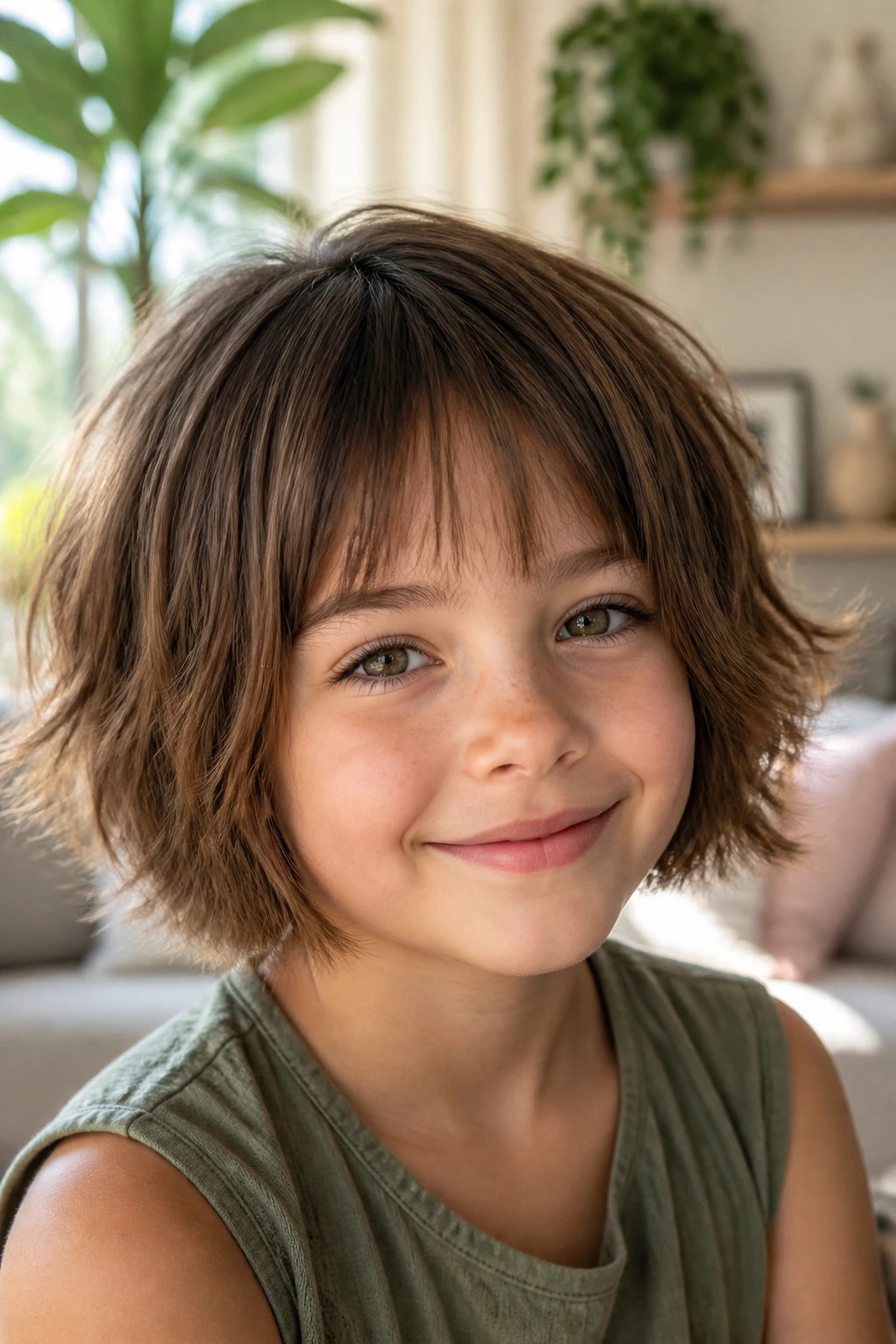 Close-up of a real girl with bob-length shag and piecey fringe