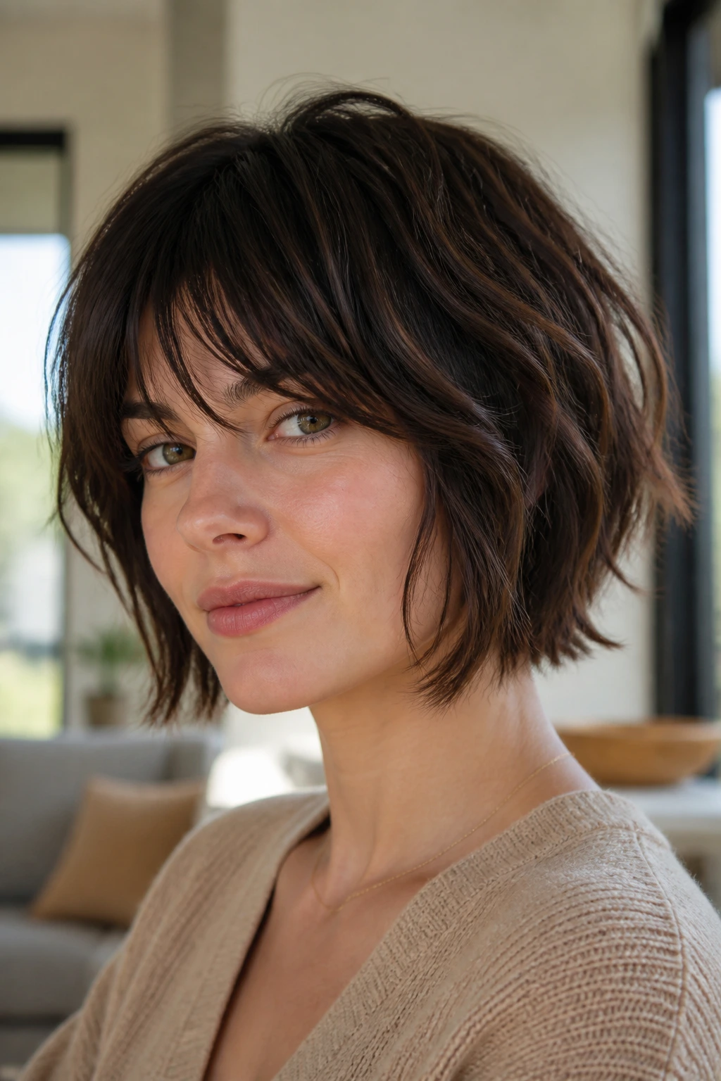 Close-up portrait of a real woman with Bob-Length Shag with a Piecey Nape, tidy nape and longer front pieces.