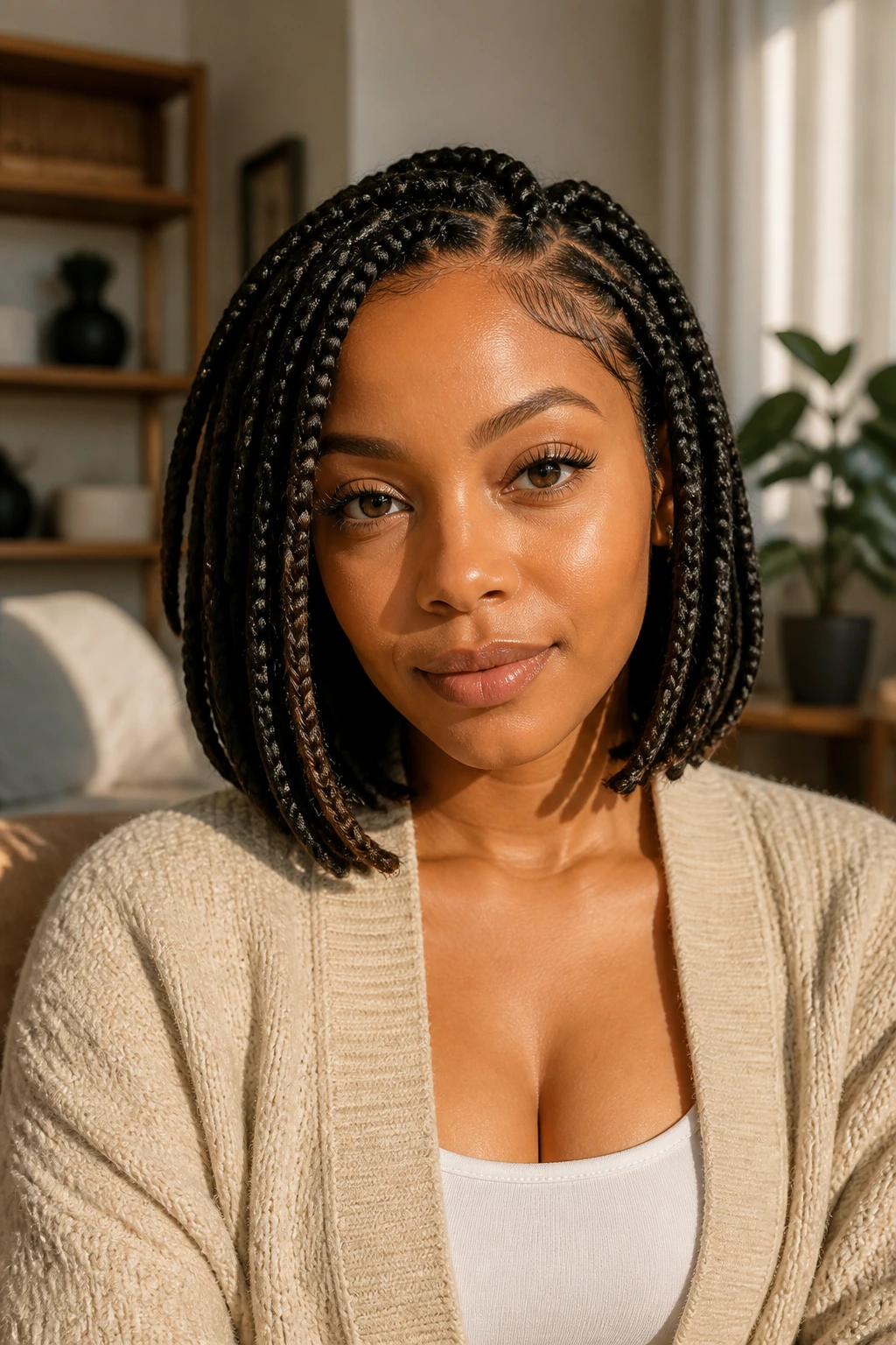Close-up of bob-length braid hairstyle on a comfortable-looking real person