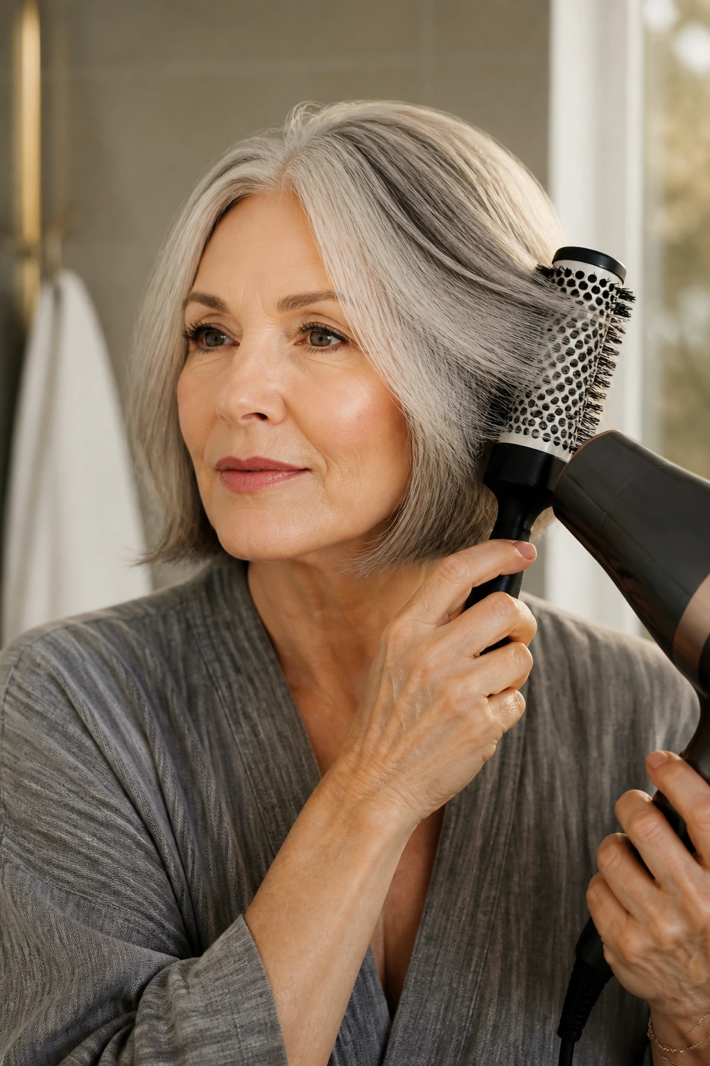 Real woman styling bob at home with brush and dryer in bathroom