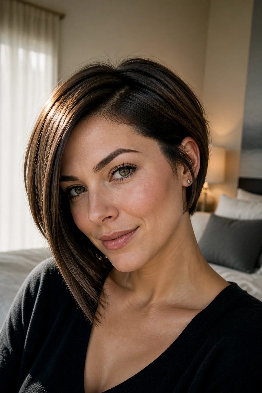 Portrait of a real woman with a sharp asymmetrical bob at home between visits.