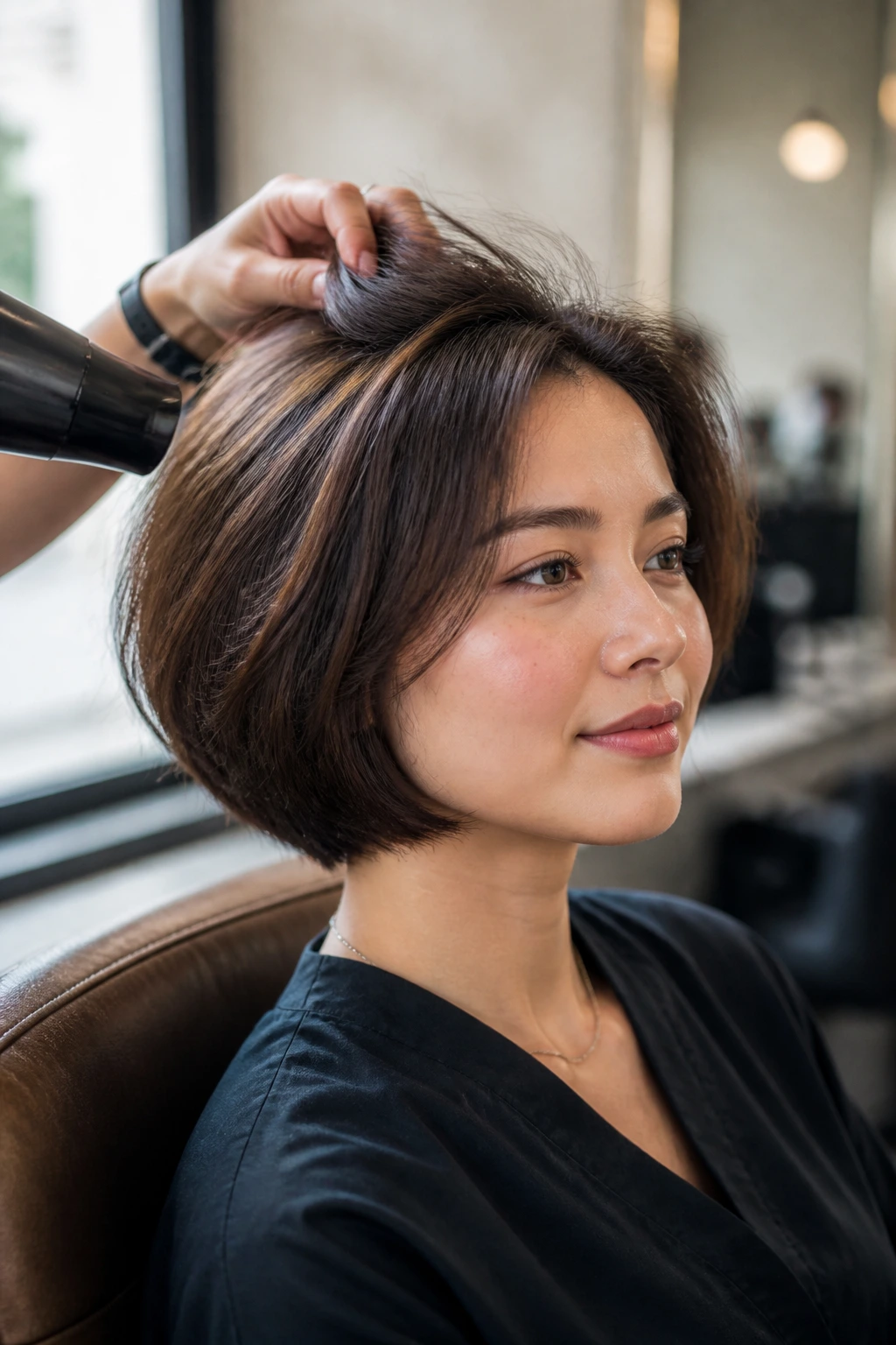 Close-up of a woman with bob maintaining shape through quick blow-dry in a salon