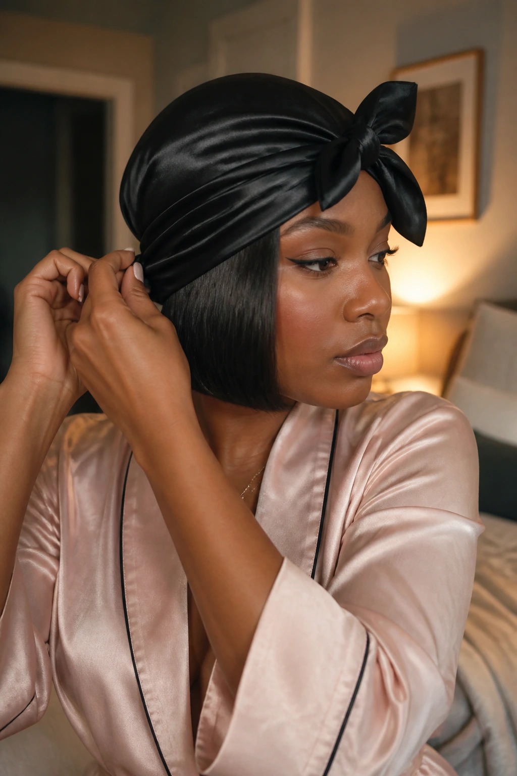 Woman at home wrapping her bob with a satin scarf to maintain shape