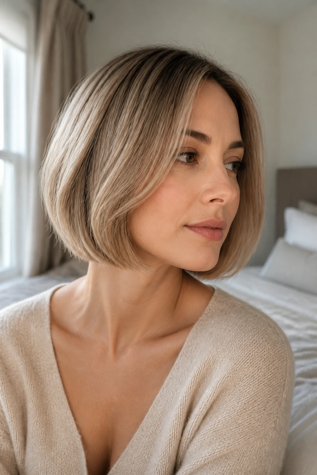 Portrait of a real person with a bob maintaining shape between salon visits.