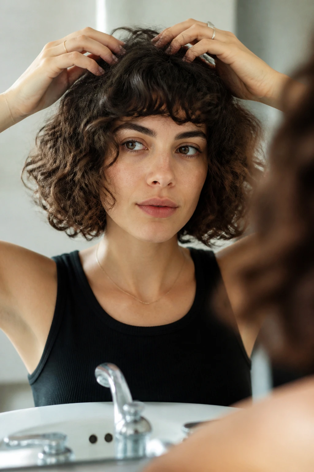 Close-up portrait of a woman with a curly bob performing hair touch-up