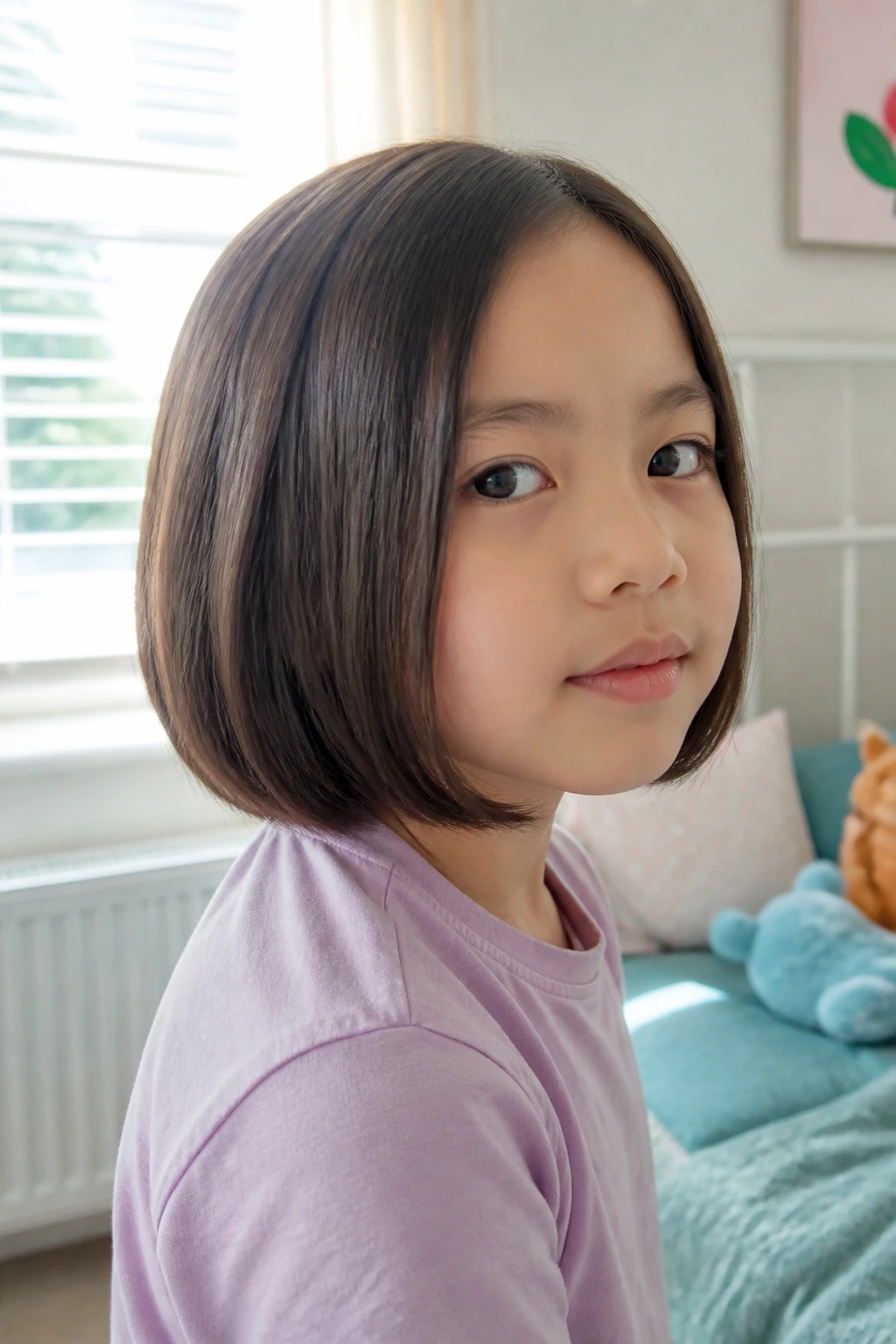 Child with neat, even bob in bright room