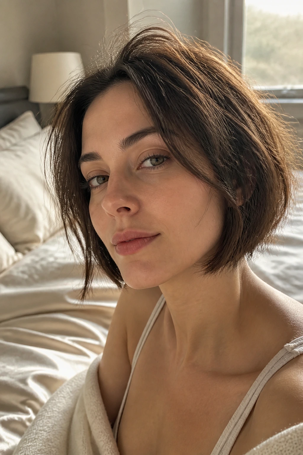 Portrait of a real woman maintaining bob shape between trims in a cozy bedroom setting.