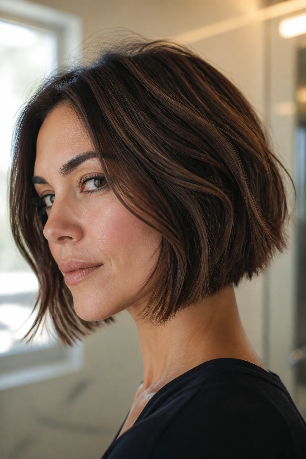 Portrait of a real woman with a crisp, textured bob shape between trims.
