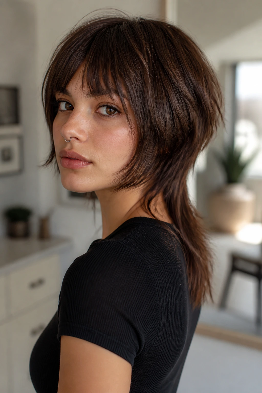 Real person portrait featuring a bob-mullet hybrid hairstyle with jaw-length front and longer back