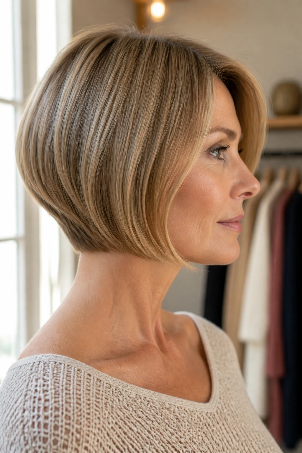 Close-up profile of a woman with a well-defined bob outline along the jaw.