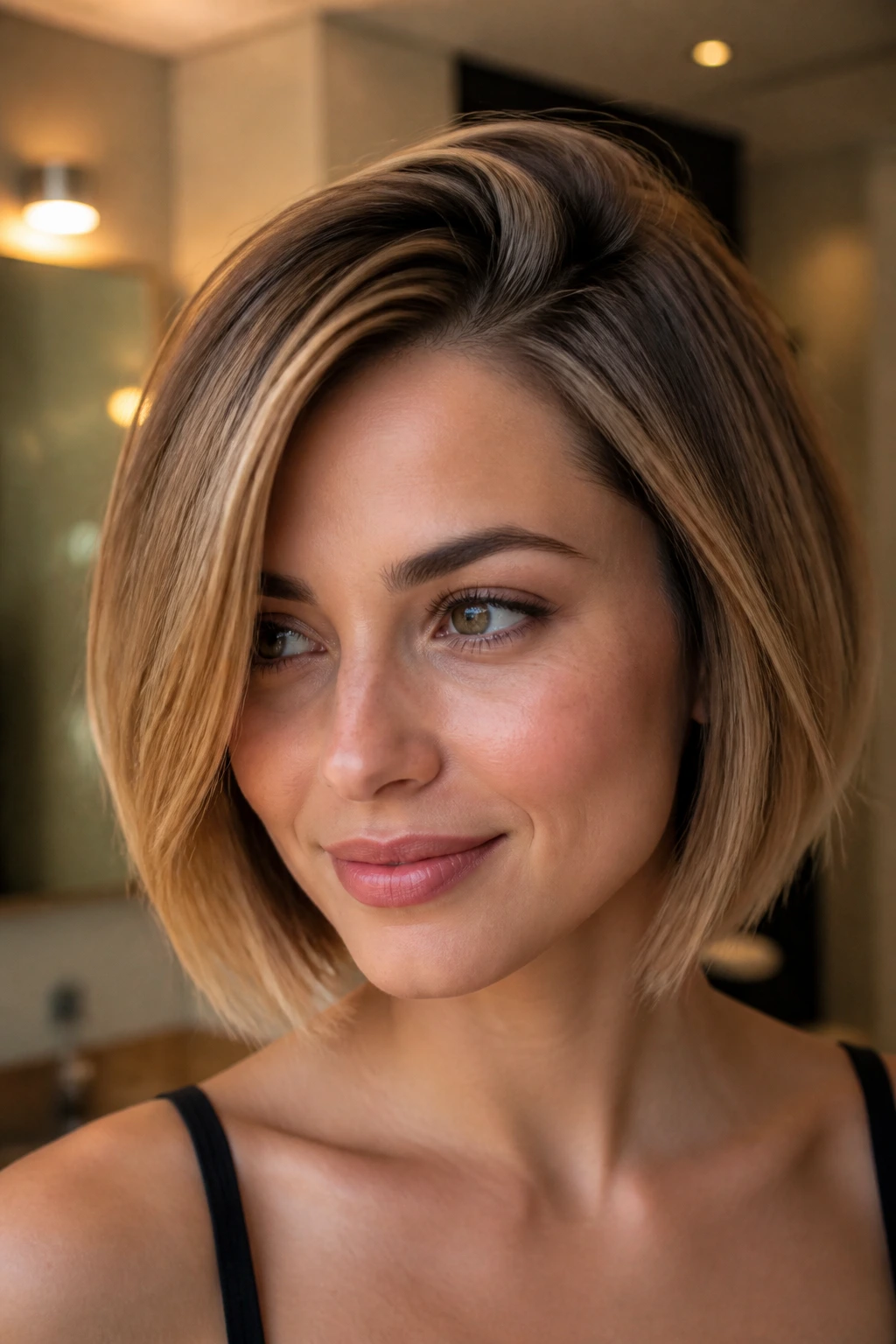 Woman with off-center bob part, close-up portrait