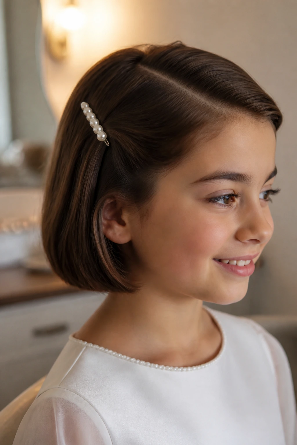 Real child with a bob hairstyle pinned back with a pearl clip