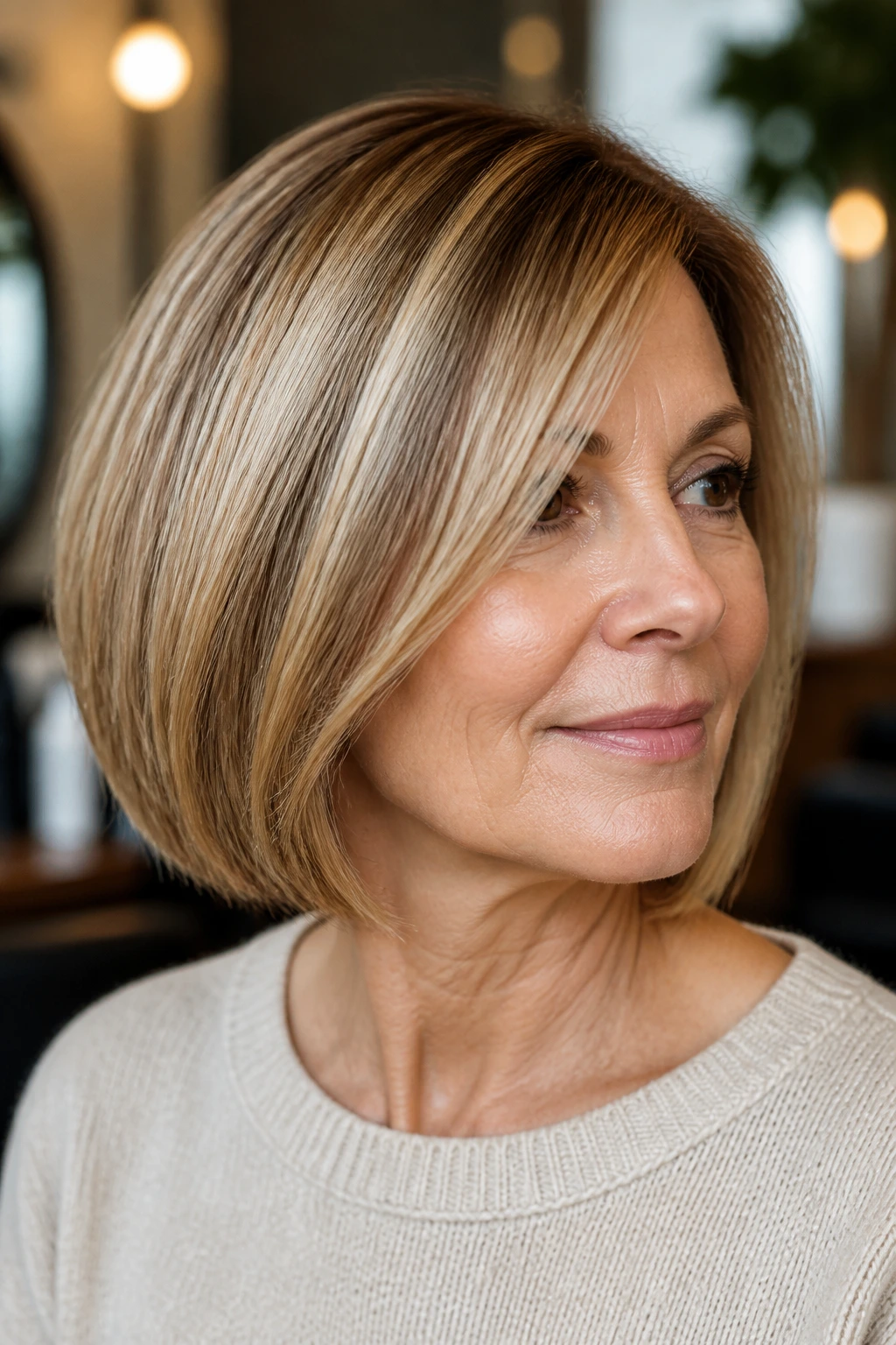 Close-up portrait of a real woman with a crisp perimeter bob for thin hair