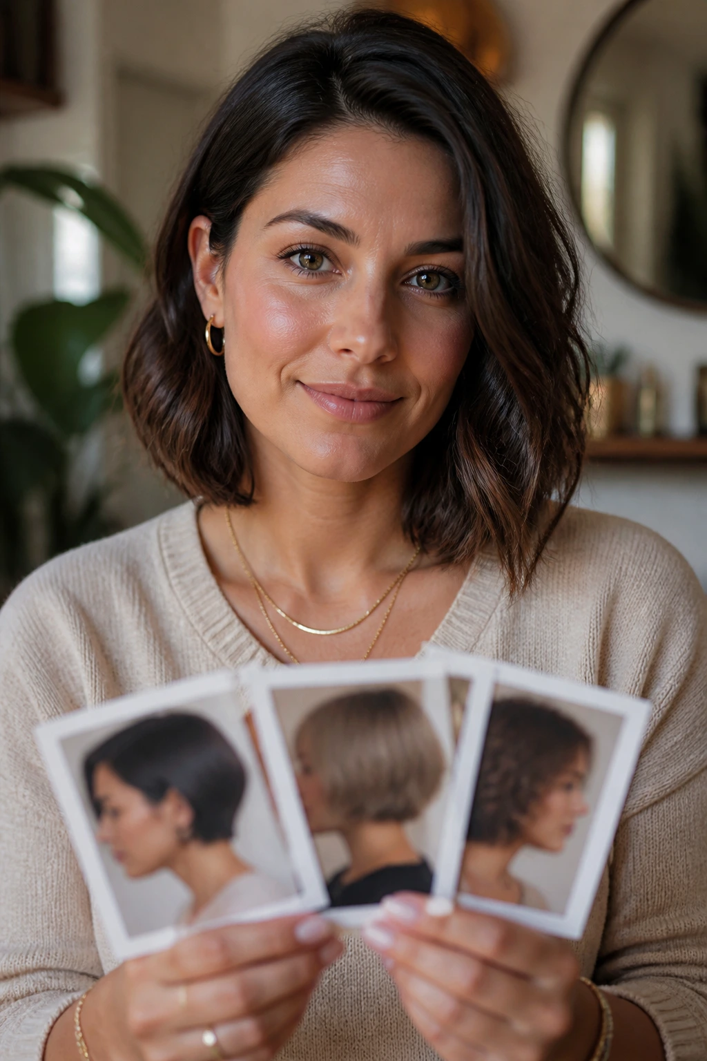 Portrait of a woman examining bob reference photos in a cozy home setting