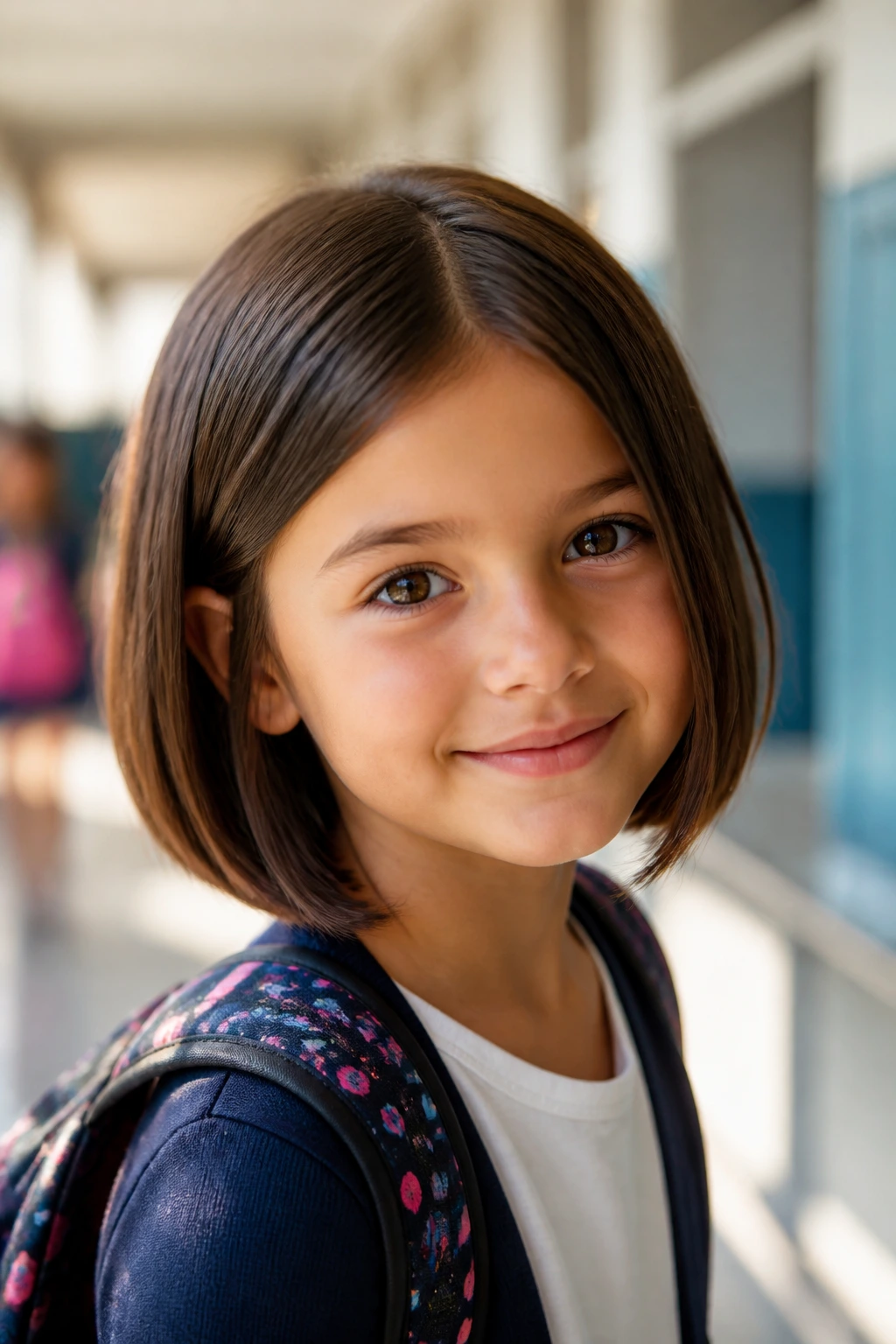 Child with bob hairstyle in school hallway ready for different days