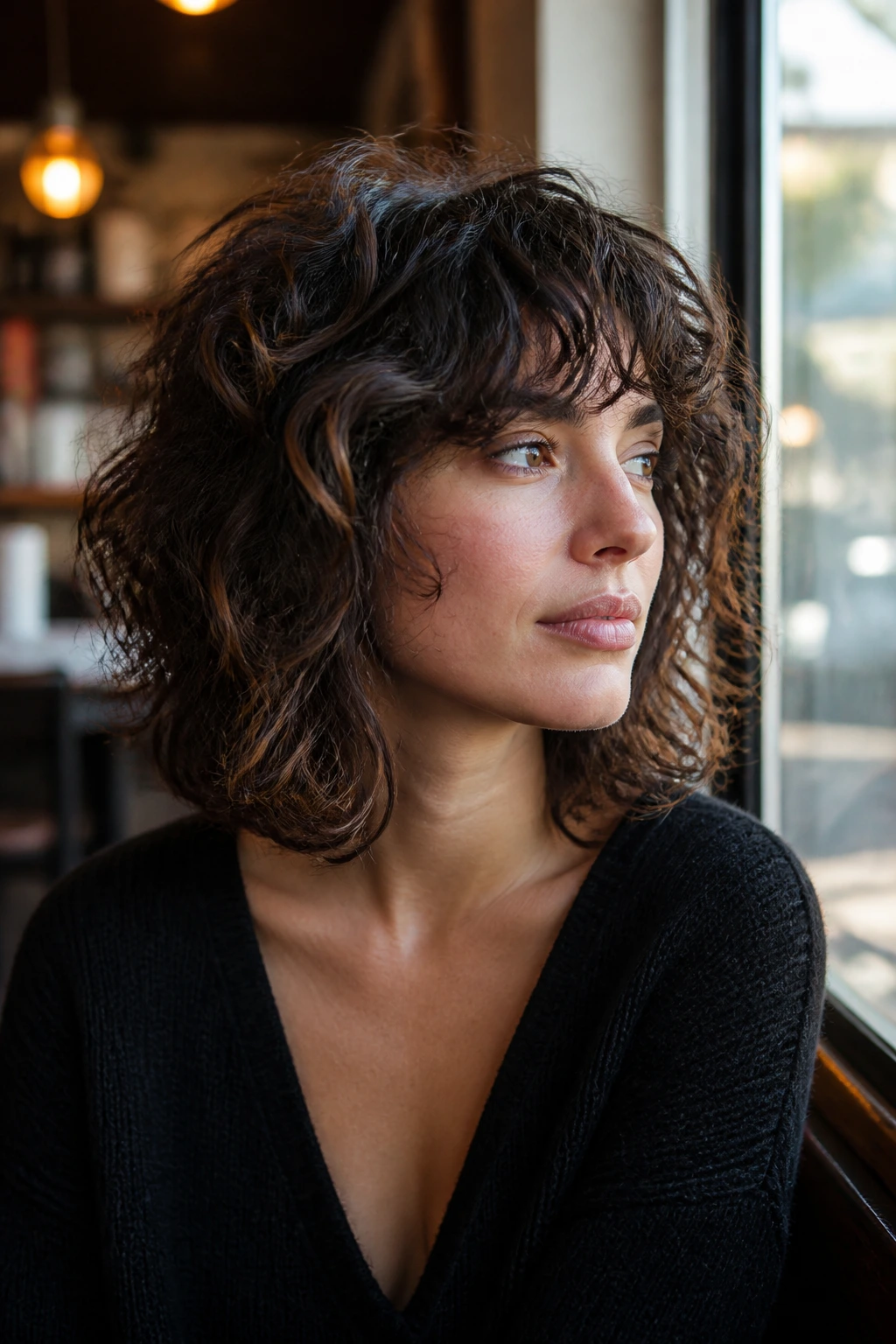 Portrait of real woman with bob-to-shag grow-out curls at shoulder length