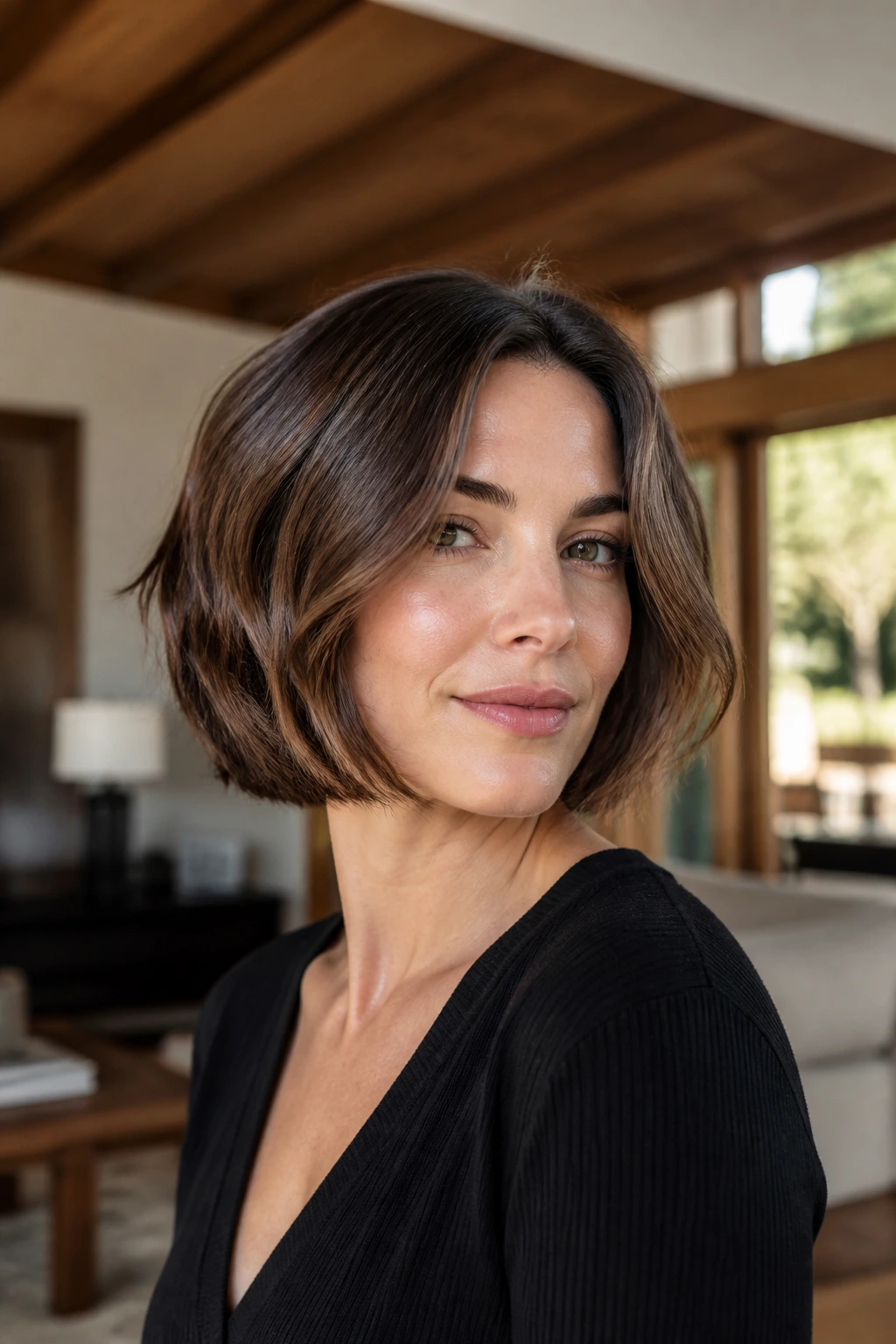 Portrait of a woman with a curved bob emphasizing jawline shape