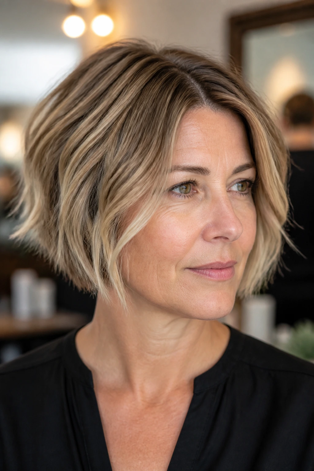 Close-up portrait showing a choppy bob's perimeter and part for shape reading
