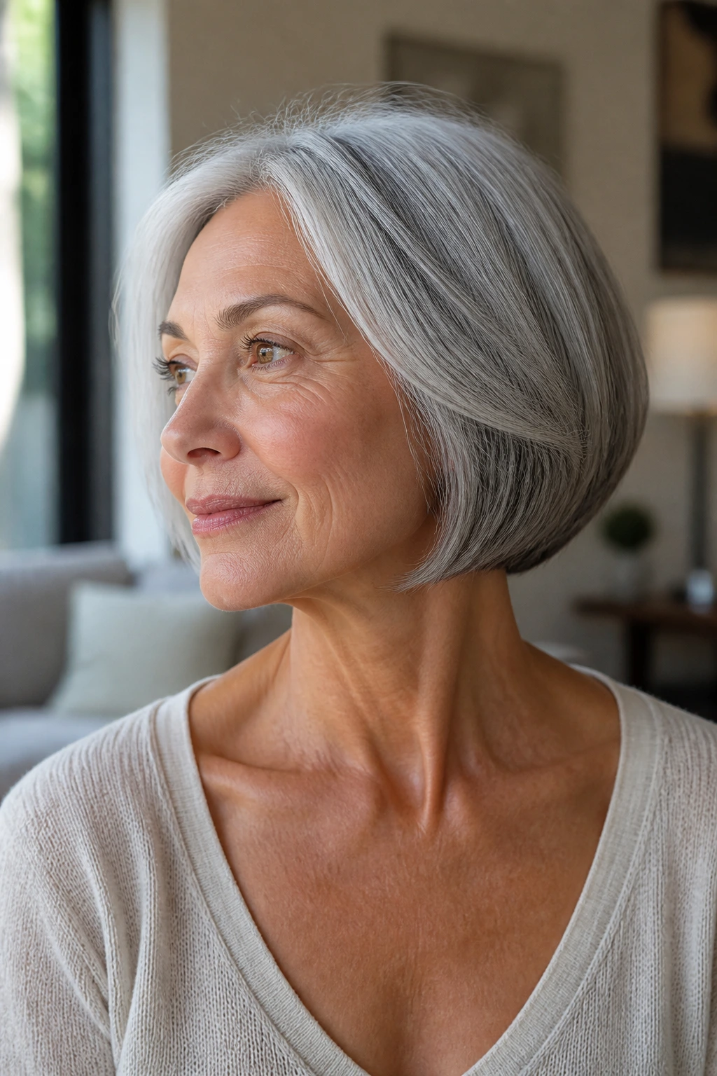 Portrait of a real woman with a neck-skimming bob showing neck clearance
