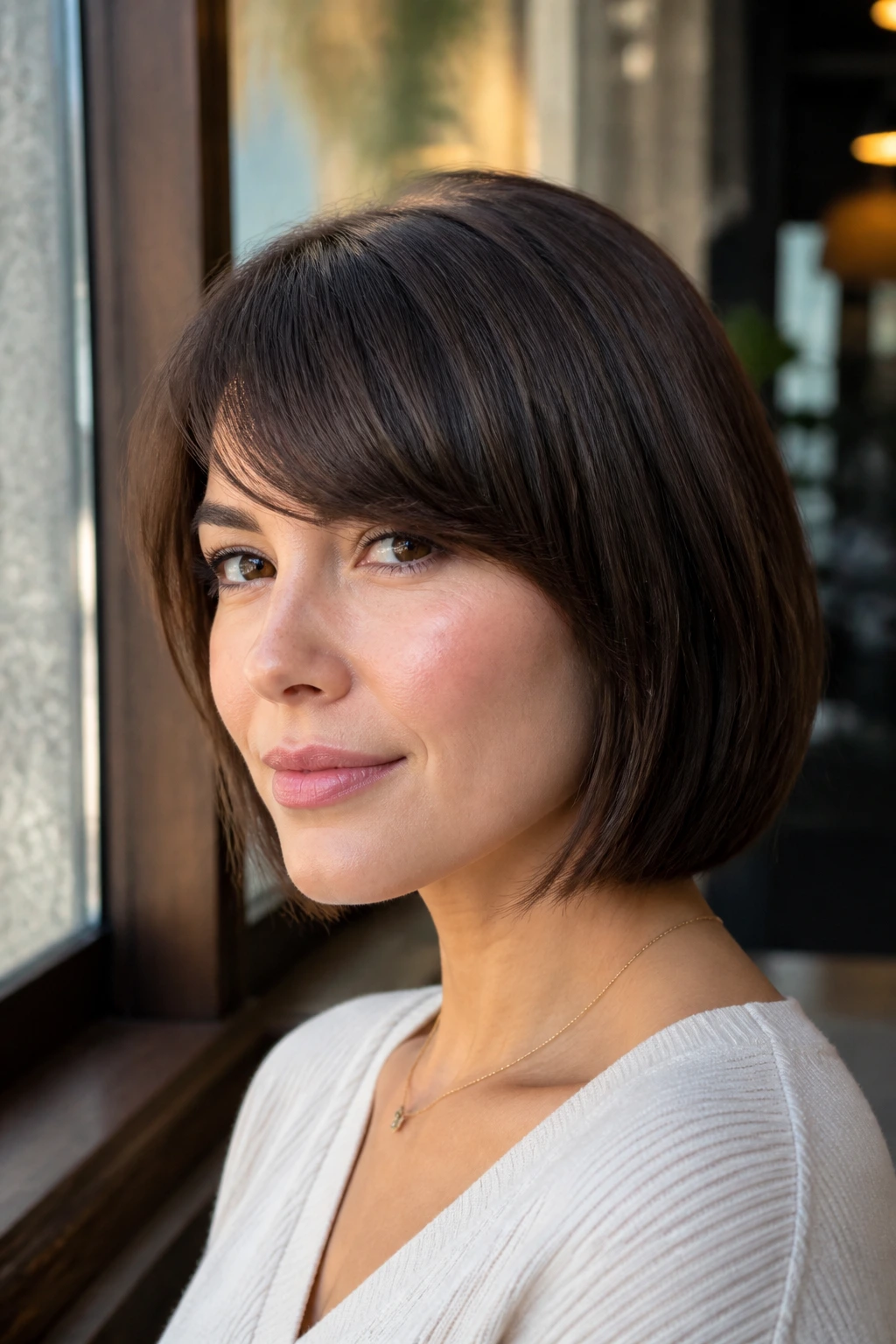 Portrait of a woman with a bob and side bangs blending at the front corner.