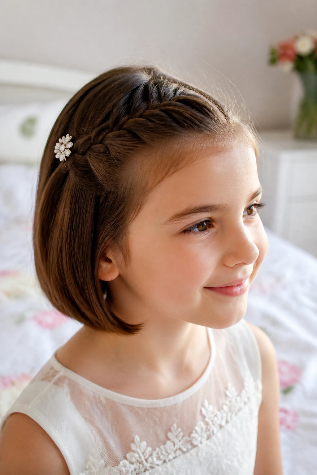 Real child with bob hairstyle, side braid accent and a small barrette.