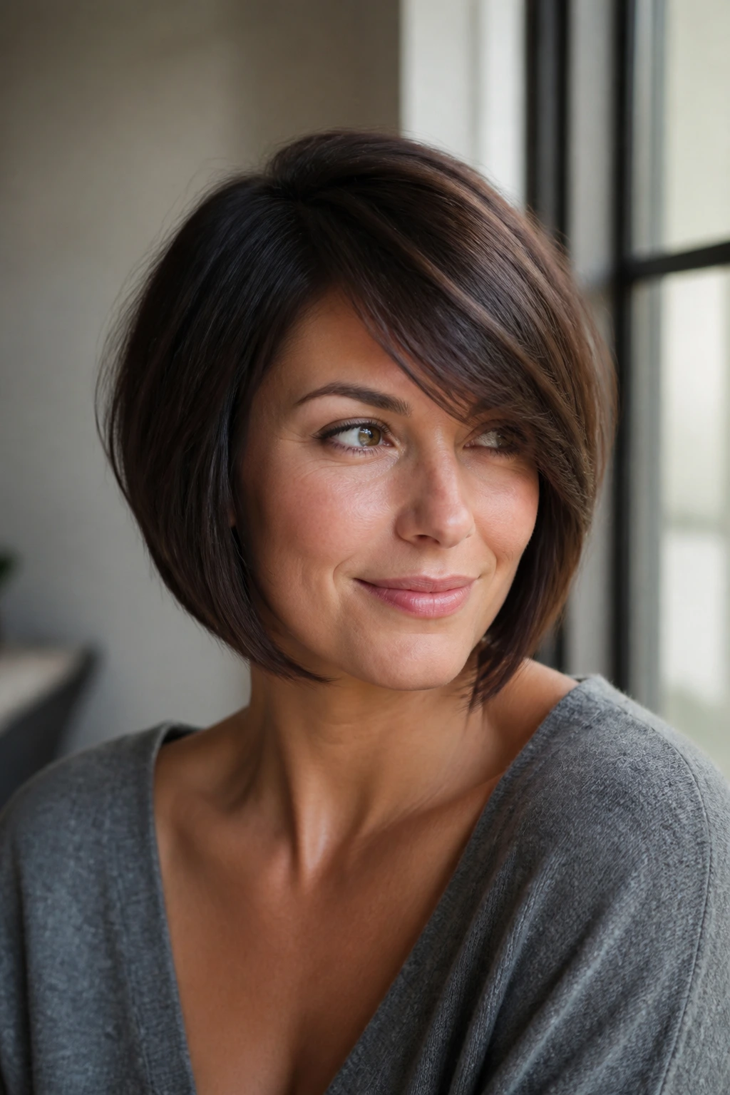 Close-up portrait of a real woman with a bob and side-swept fringe in natural window light