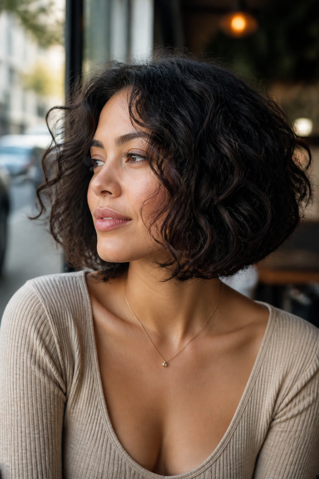 Portrait of a real person with a defined bob in cafe window light