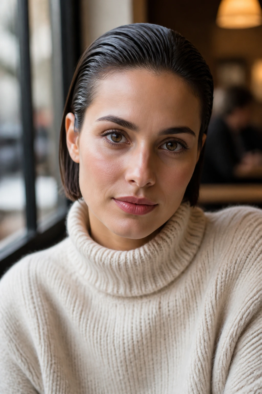 Real person with slicked-back bob tucked behind ears in cafe light