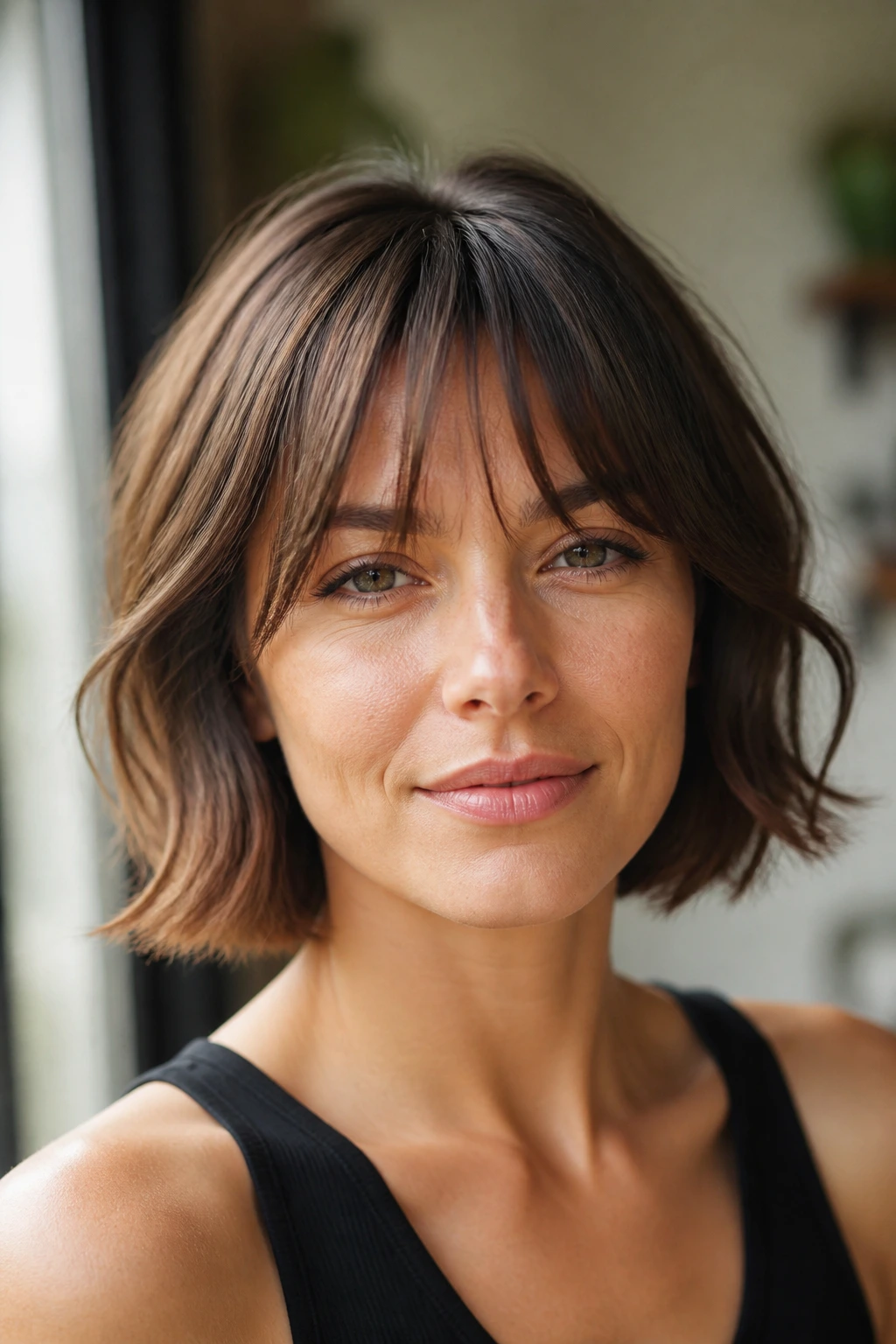 Close-up portrait of a real woman with a bob and wispy soft bangs under natural light