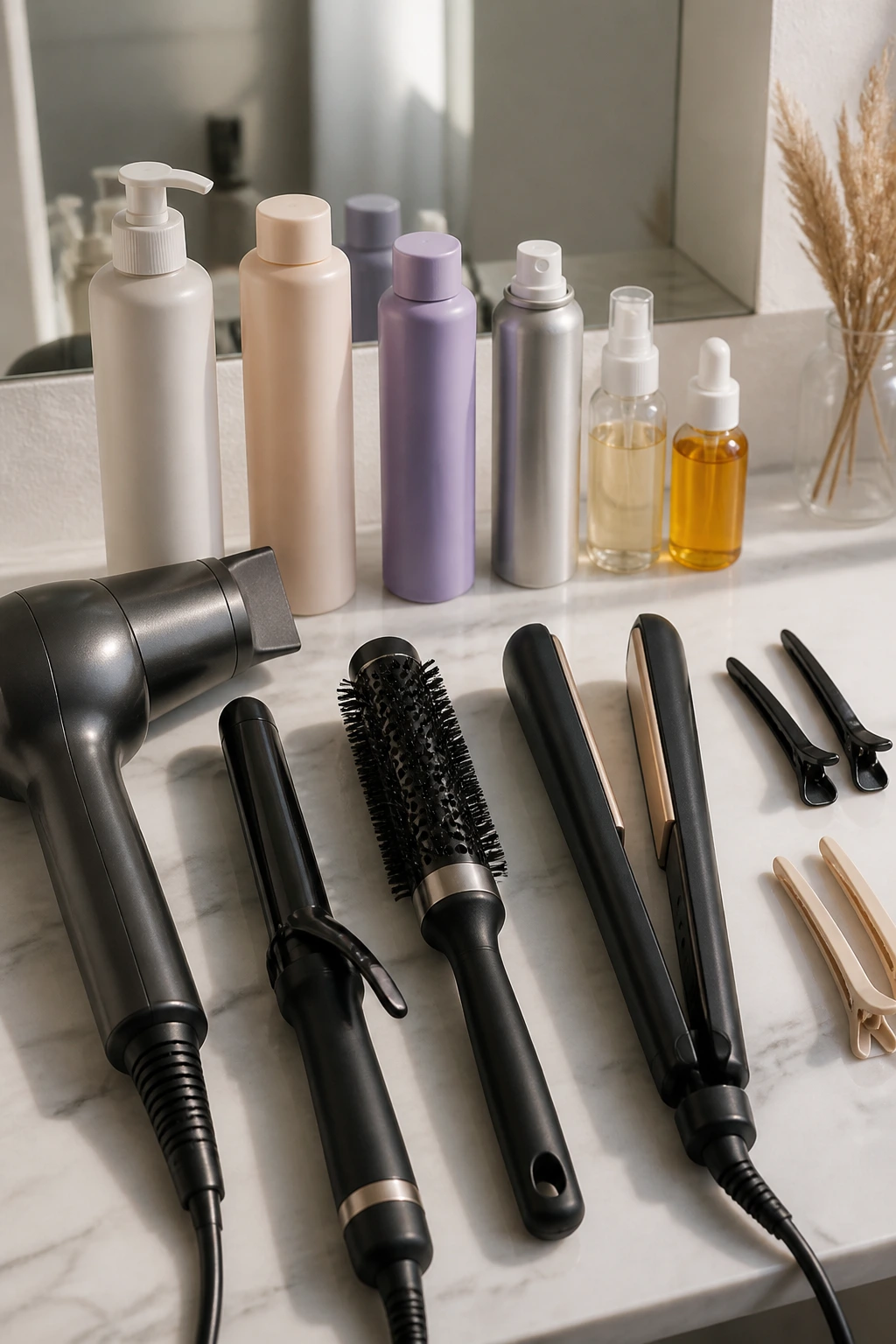 Still-life of unbranded hair styling tools arranged on a vanity.