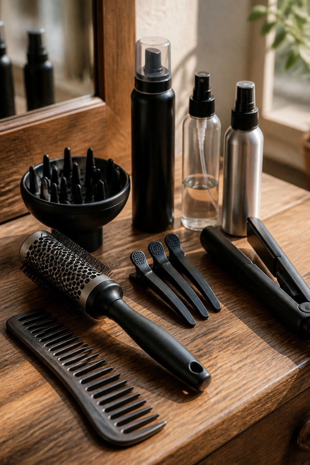 Close-up of essential hair styling tools arranged on a wooden surface for thick-wavy bob styling