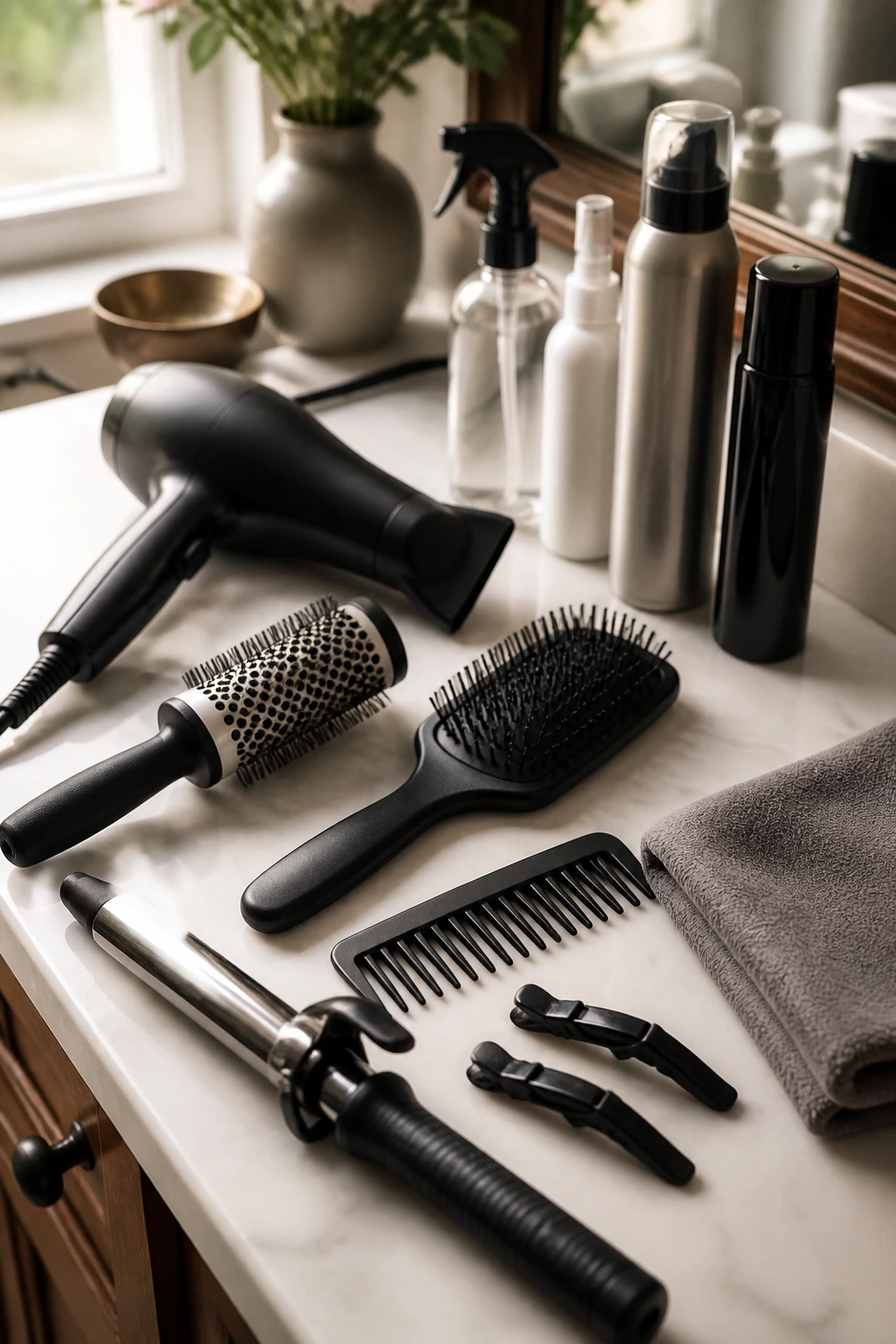 Still life of essential bob styling tools on a vanity