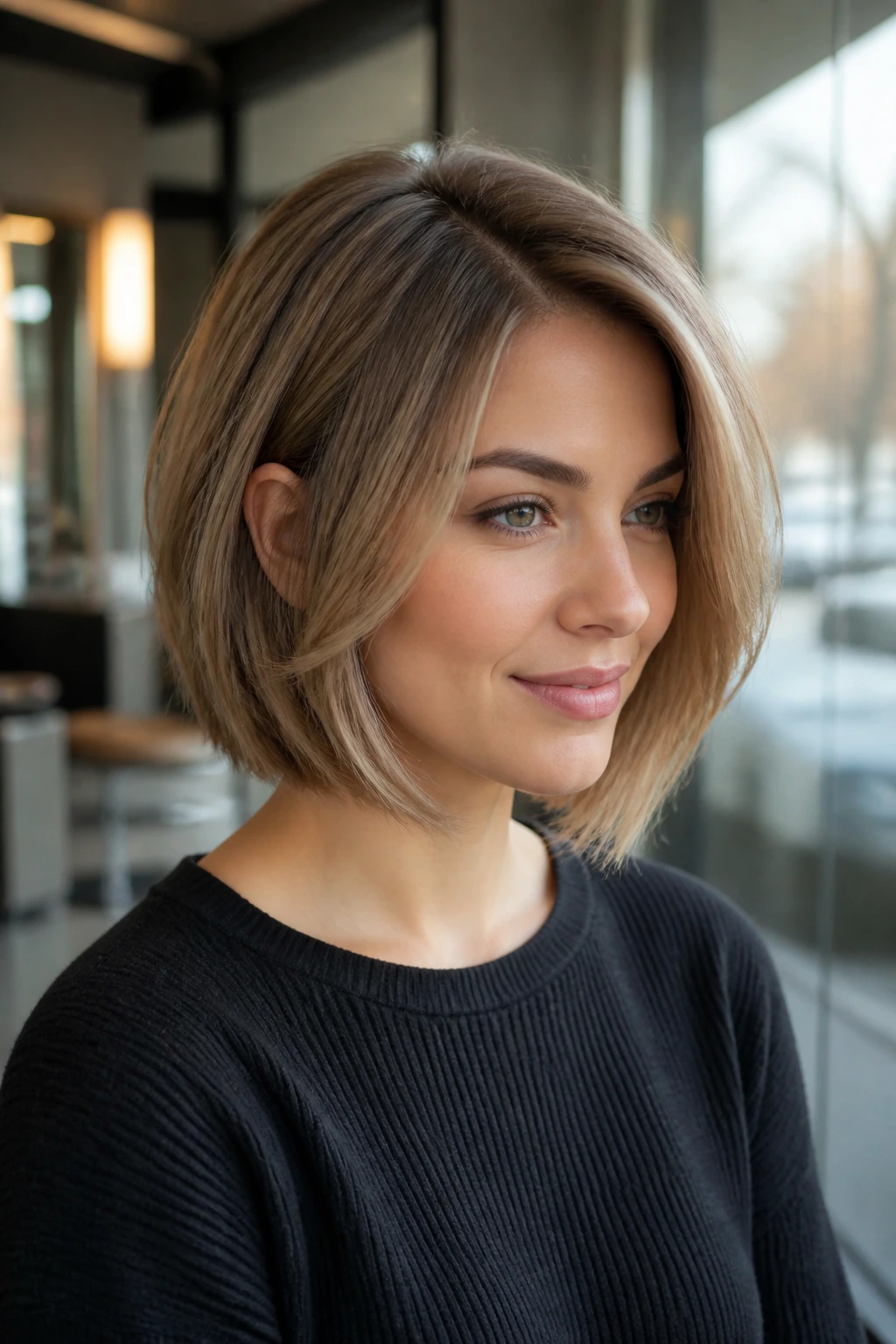 Portrait of a woman with a bob showing side part, moderate crown lift, and curved ends
