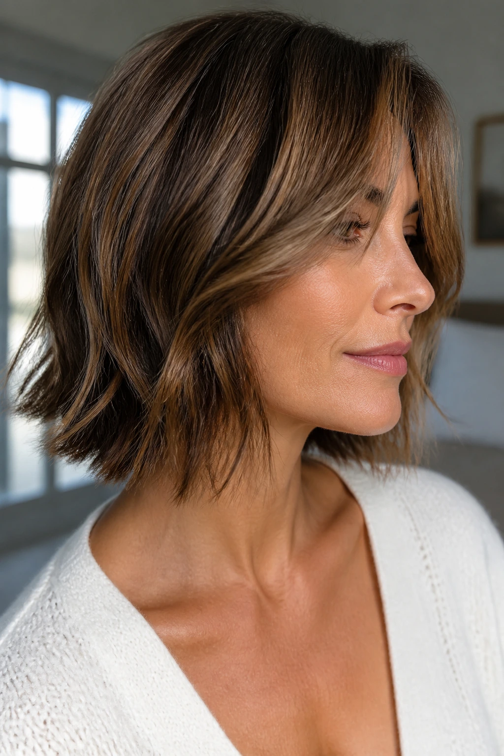 Portrait of a real woman with textured medium bob and long bangs