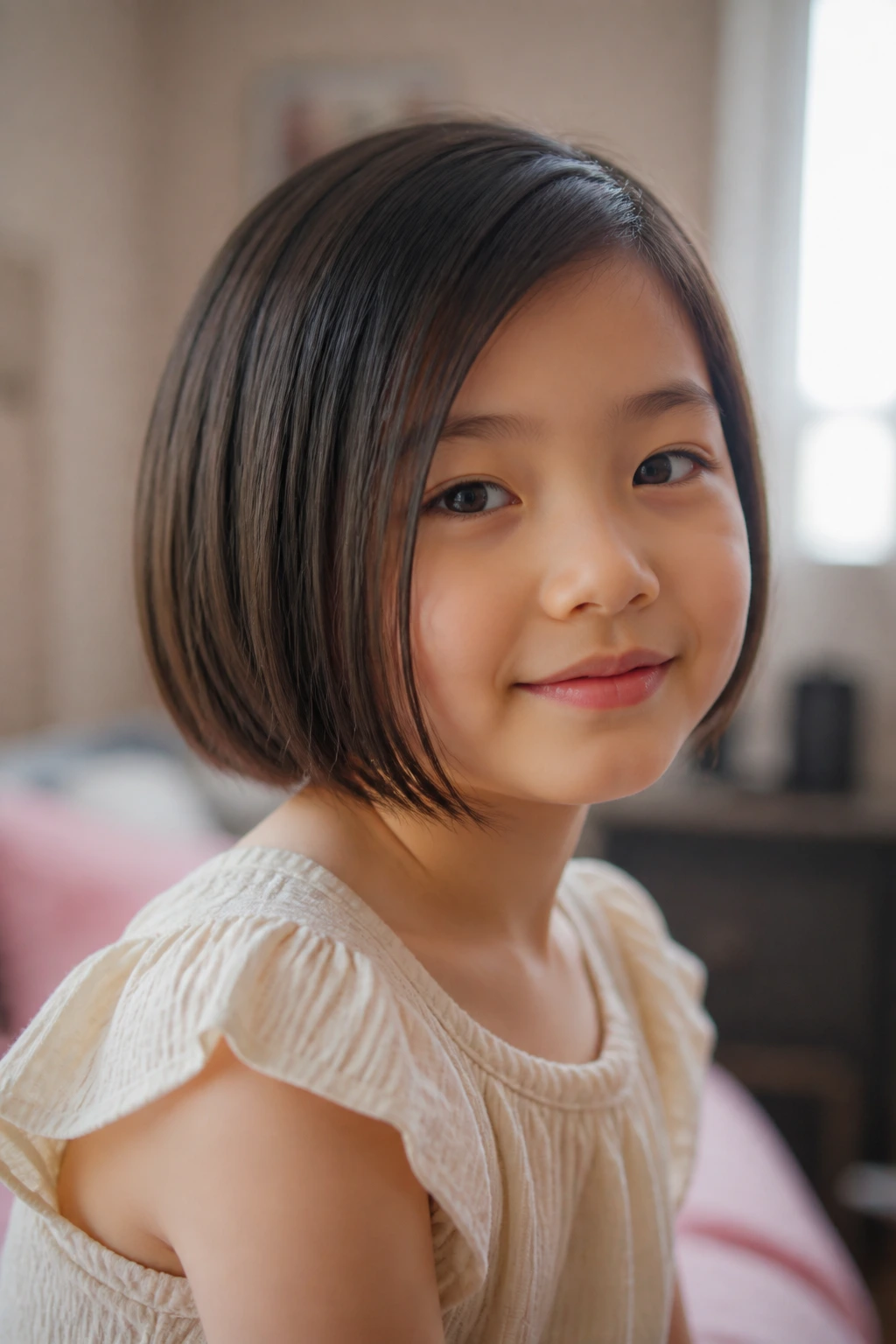 Close-up of a child with a blunt bob showing texture and even ends