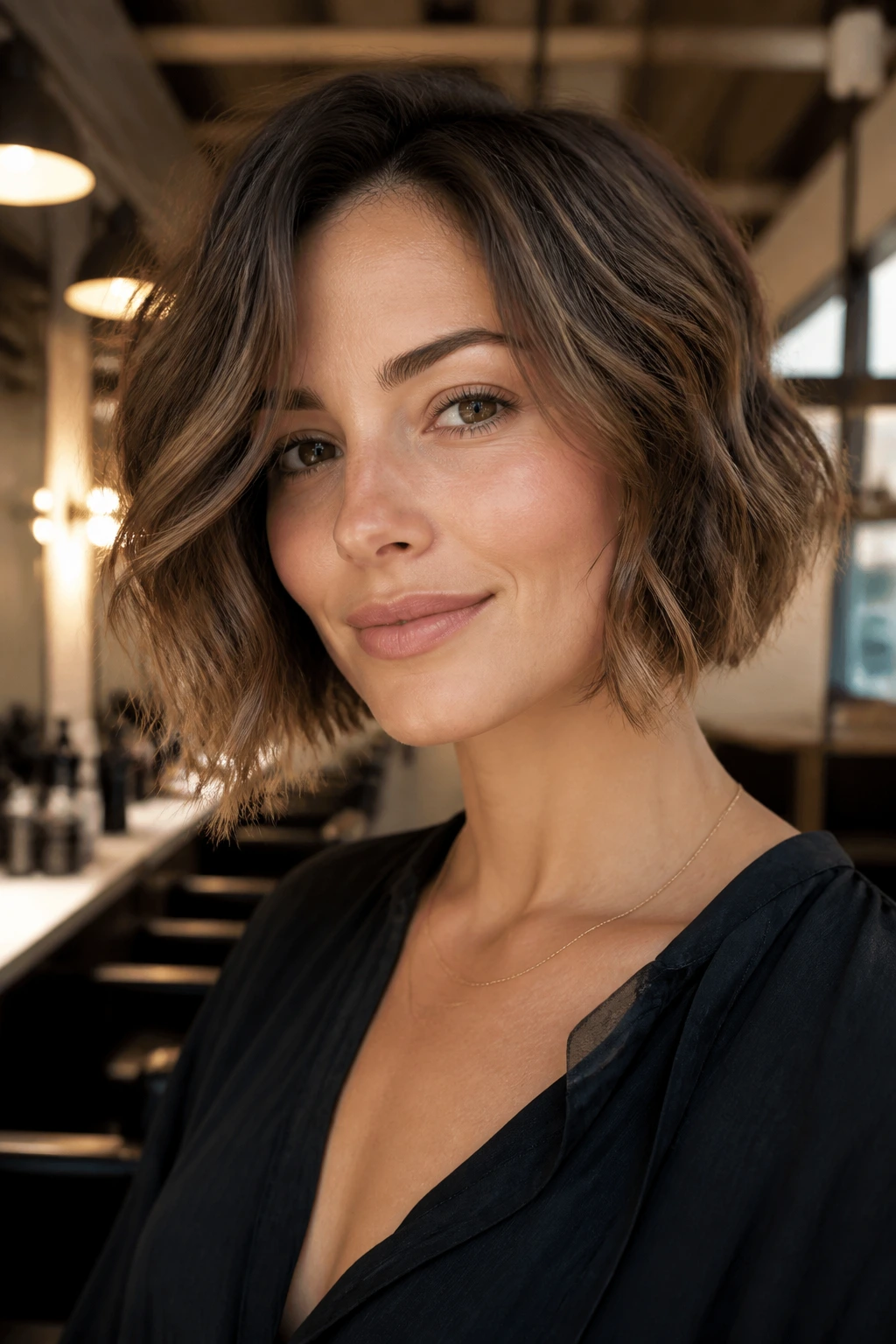 Real person with textured bob showing texture suited to hair type