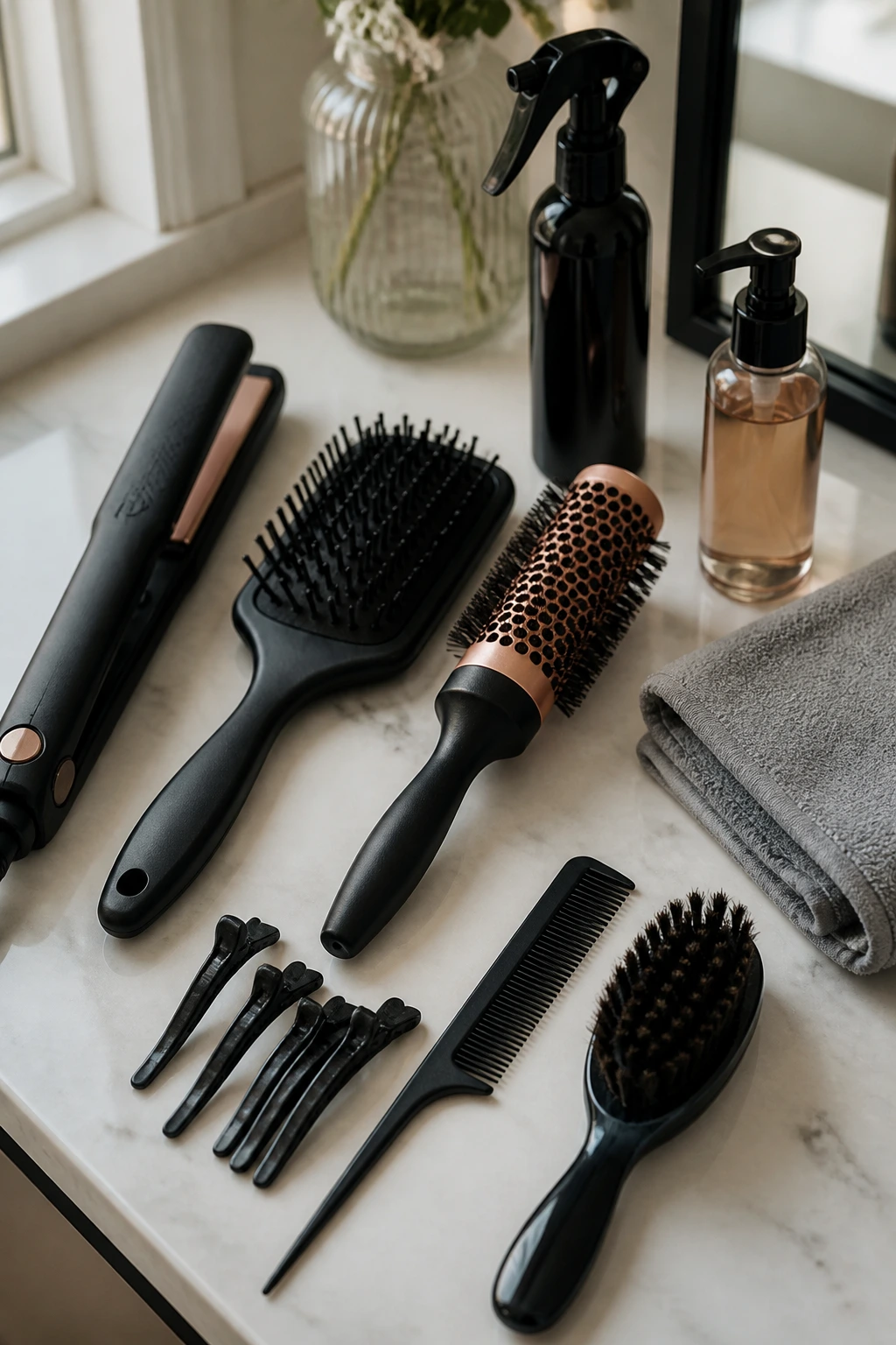Close-up of essential tools for a sleek bob arranged on a vanity.