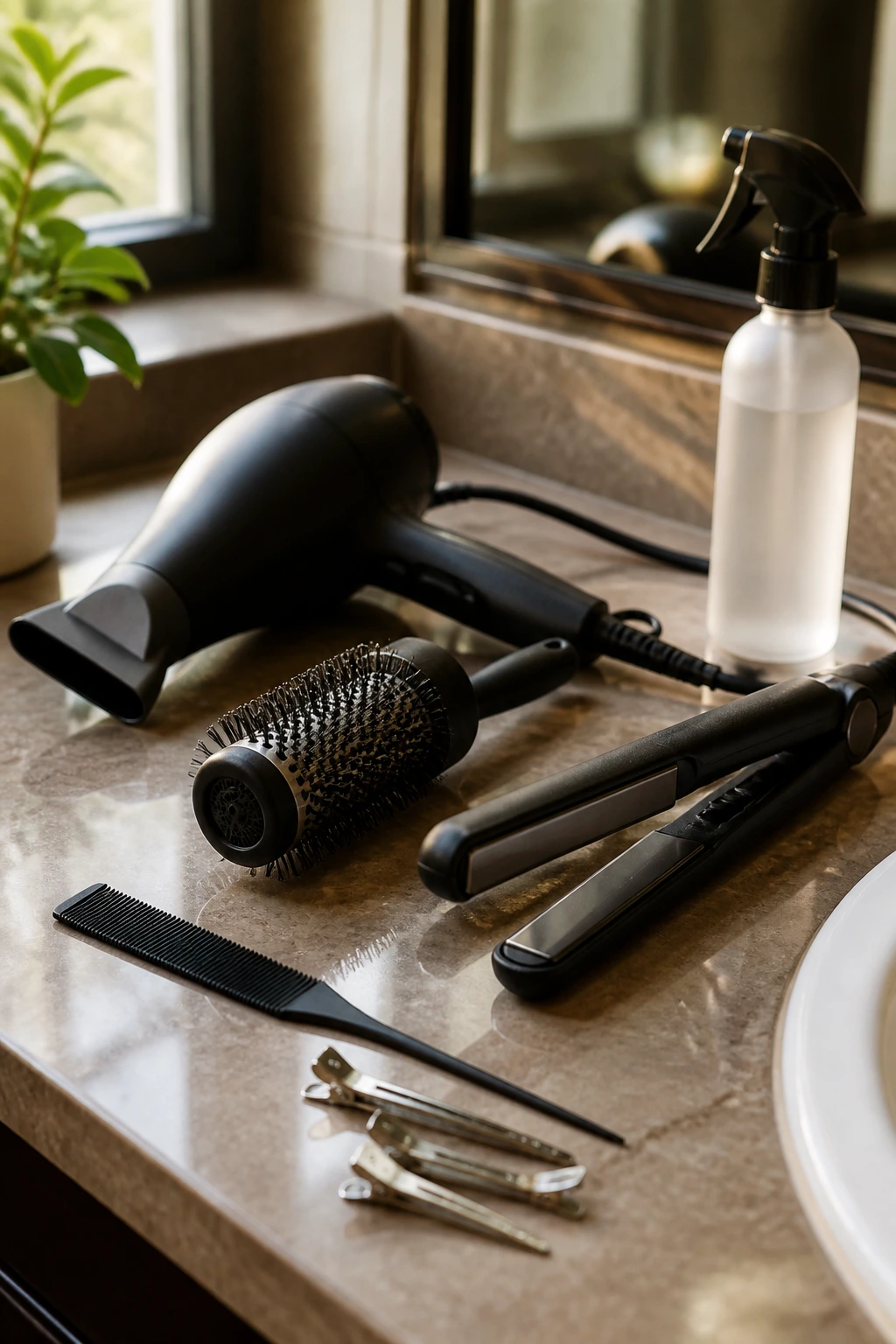Close-up of unbranded bob hair tools on a bathroom vanity