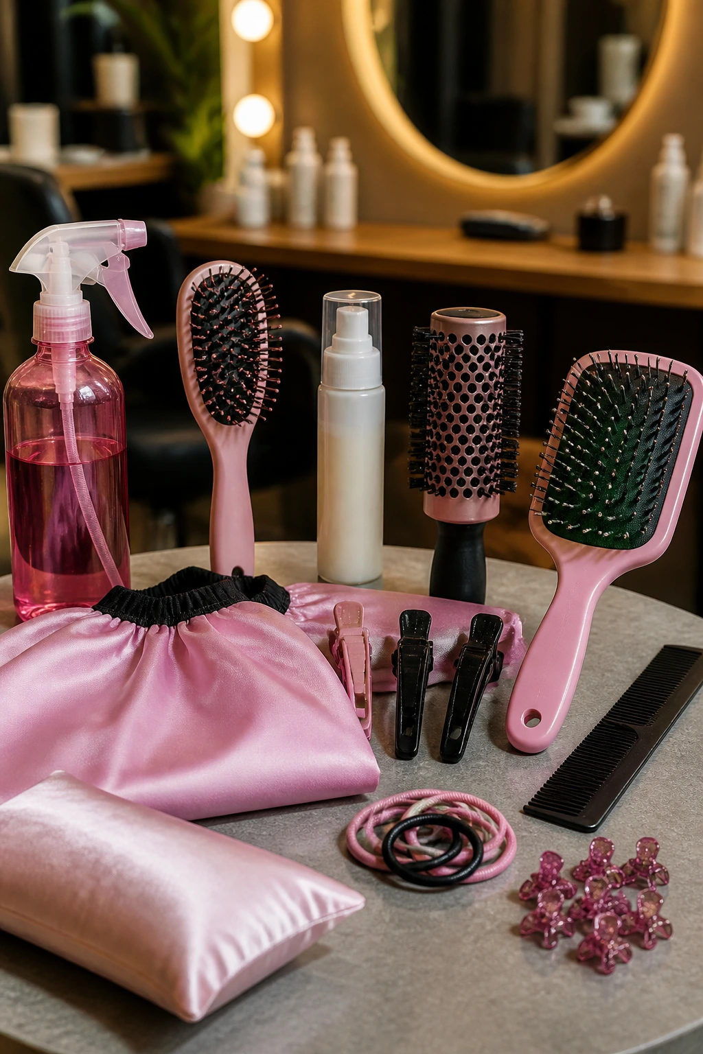 Tools for Bob haircut arranged on a salon station
