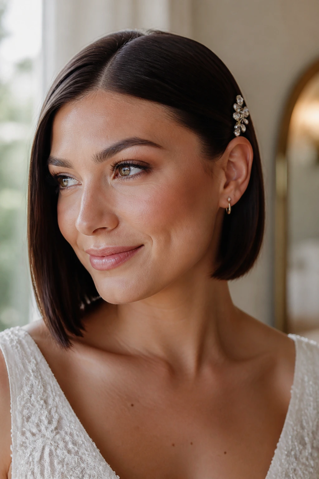 Close-up of a bride with a minimalist bob tucked behind one ear and a crystal clip