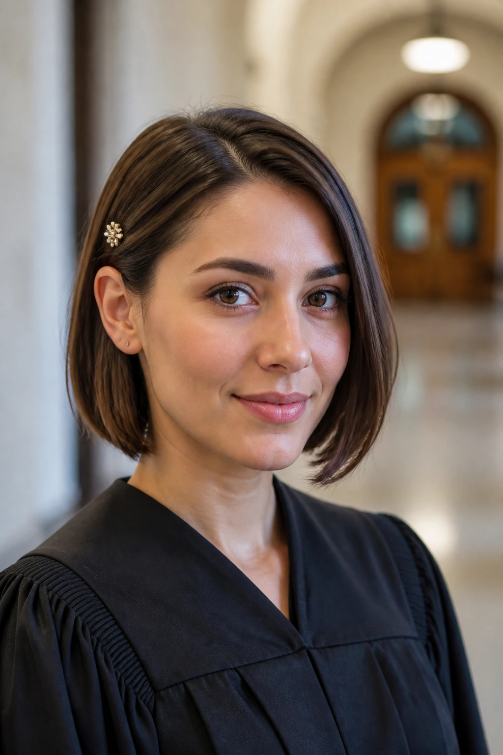 Close-up of a real person with a tucked-behind-the-ear bob for graduation