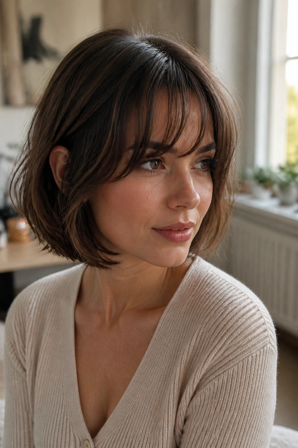 Portrait of a real woman with a bob showing fringe and crown tweaks