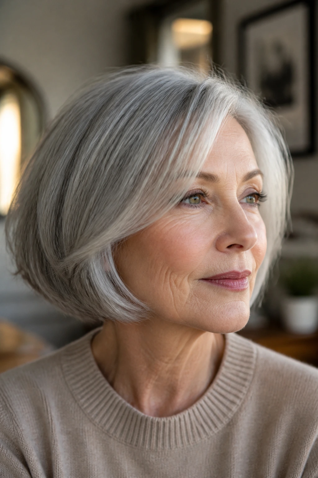 Real woman with a crisp perimeter and subtle edge in a bob