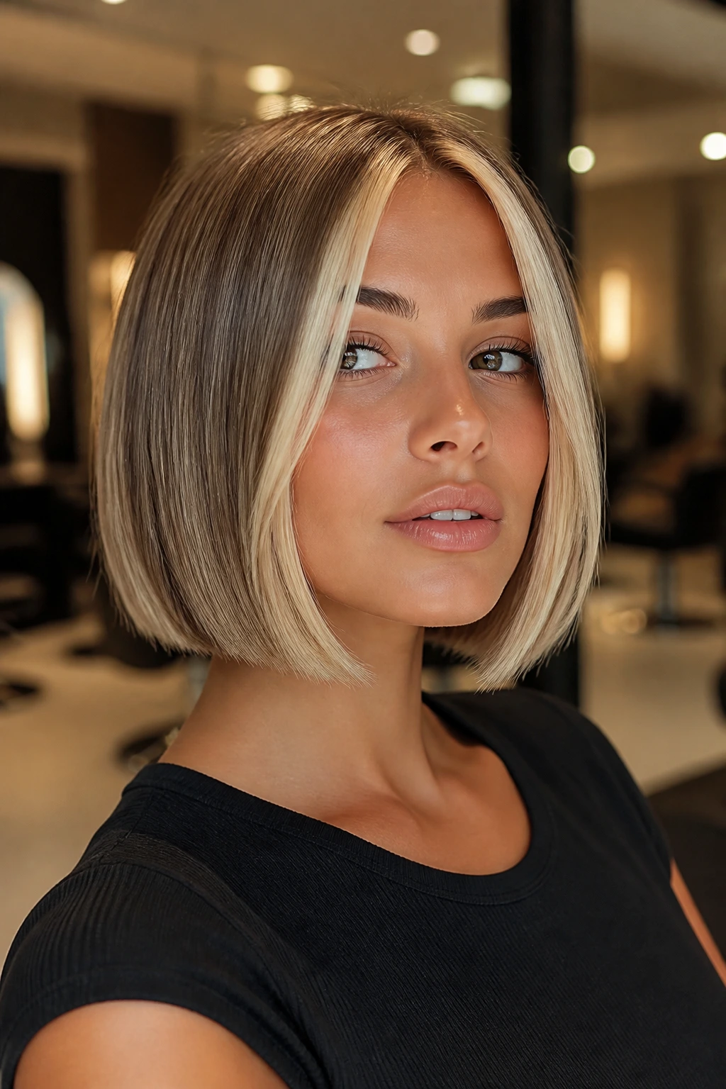 Close-up of a person with a blunt bob and vanilla money pieces framing the face